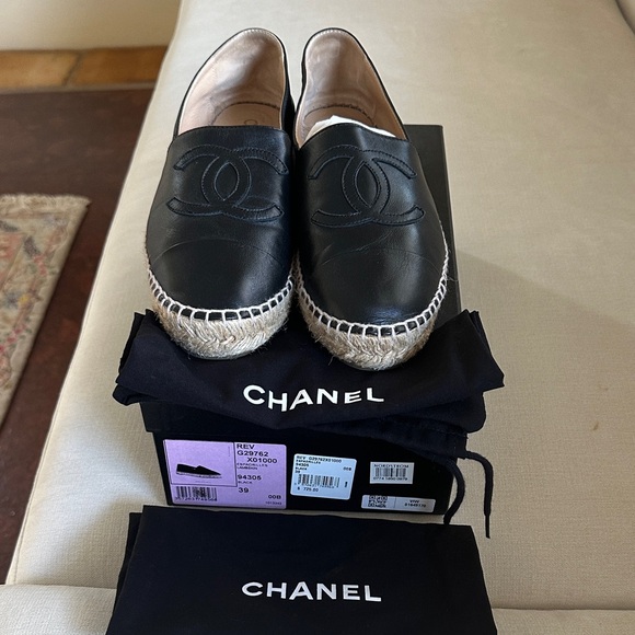 CHANEL Black Leather Espadrilles size 9 Authentic from Nordstrom's Full Set - Picture 1 of 15